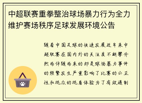 中超联赛重拳整治球场暴力行为全力维护赛场秩序足球发展环境公告